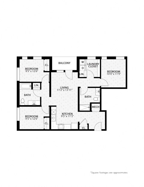 3 bed 2 bath floorplan at Union at Rivers Edge Apartments, Iowa, 50315